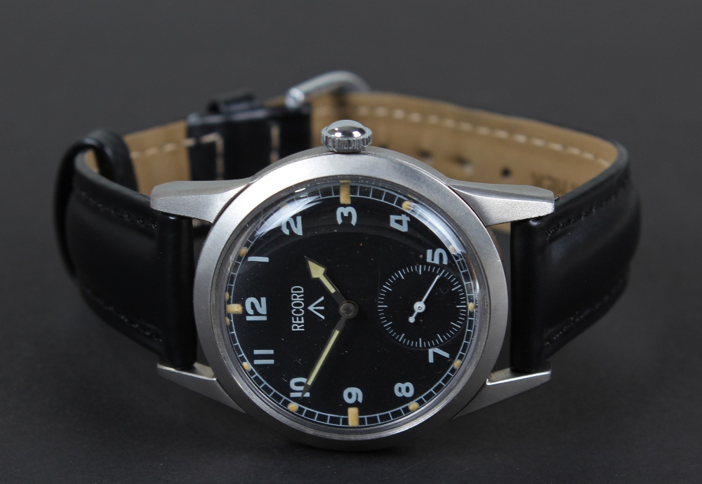 Record stainless steel military wristwatch, the black enamel dial with arabic numerals, bordered