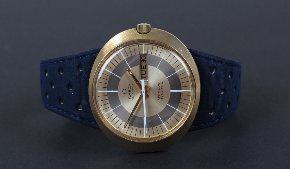 Omega Automatic Geneve Dynamic gold plated gentleman`s wristwatch, having gilt and silvered dial