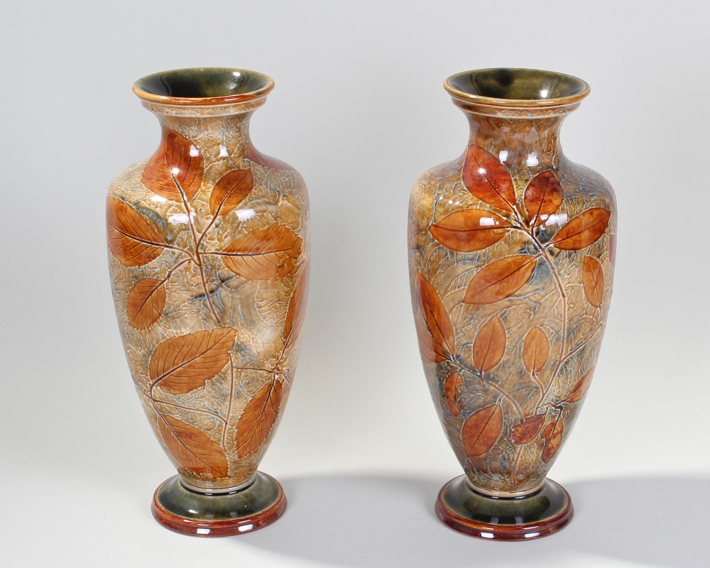 Pair of Royal Doulton stoneware vases, in the autumn leaf pattern, impressed marks to base, each