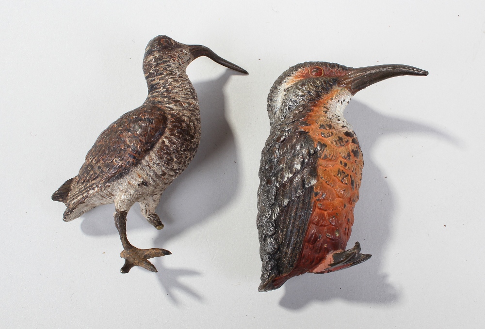 Two cold painted bronze birds, the first of a Kingfisher and one other bird, (2)