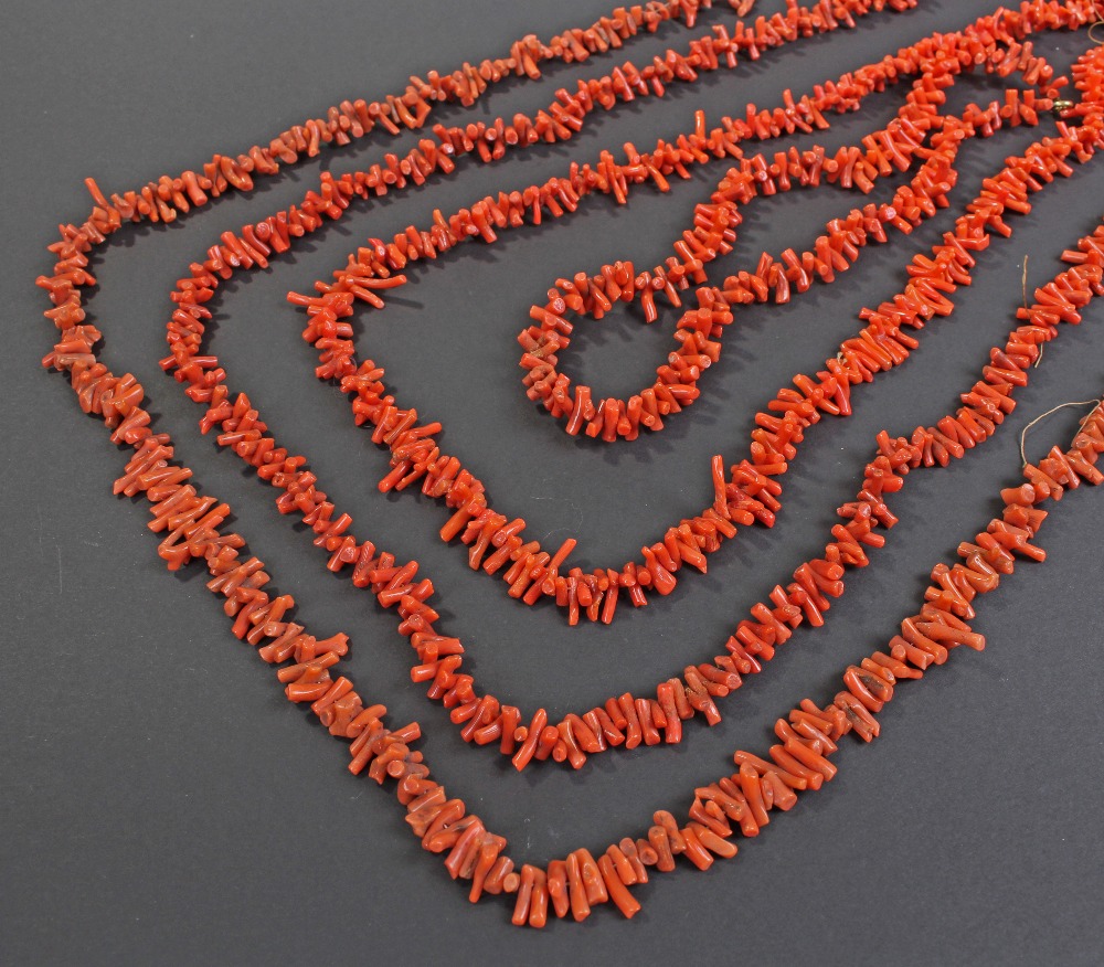 Four coral necklaces, each with various size beads, together with, bracelet similiar, (5)