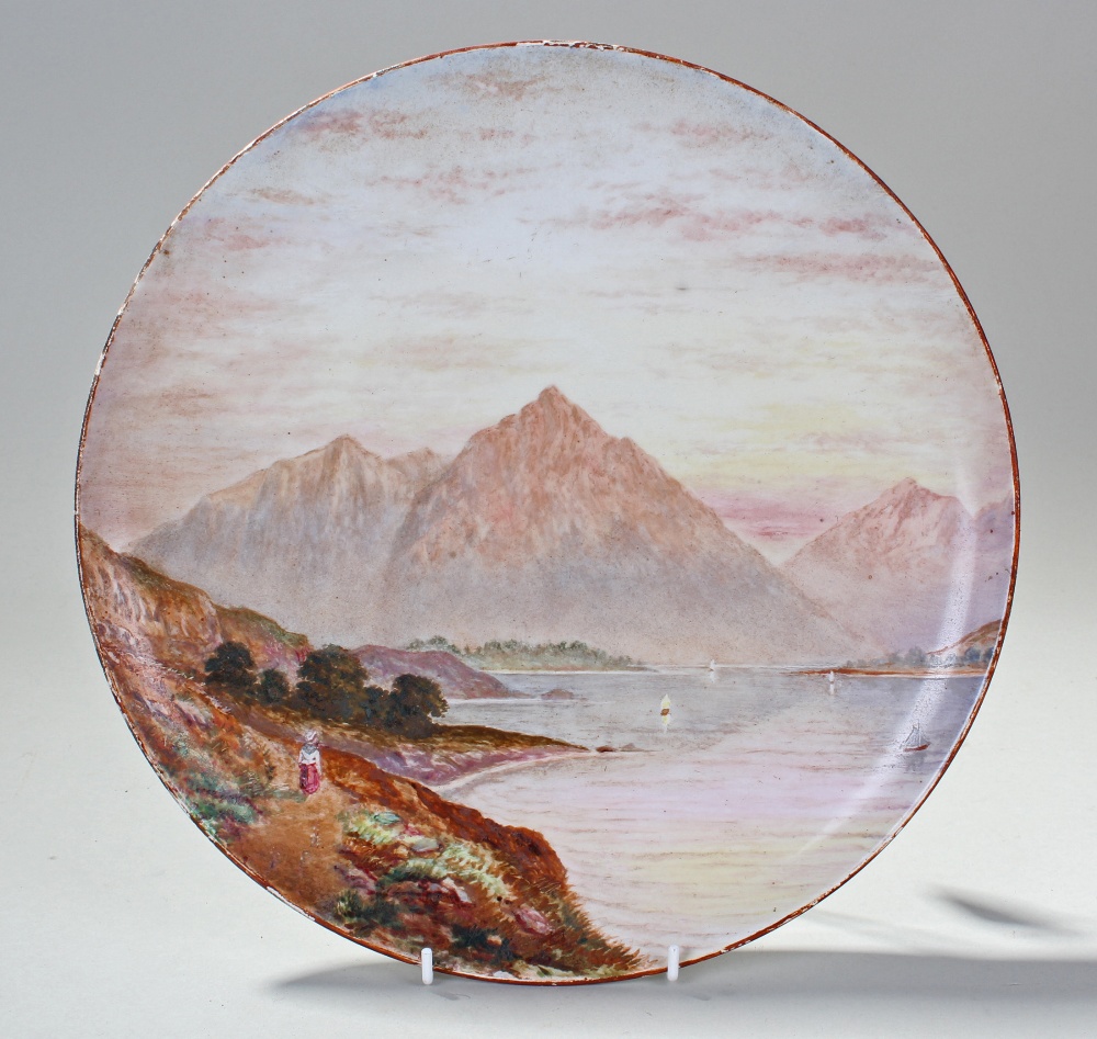 19th Century porcelain plate, painted with Queen Victoria`s estate highland scene, depicting boats