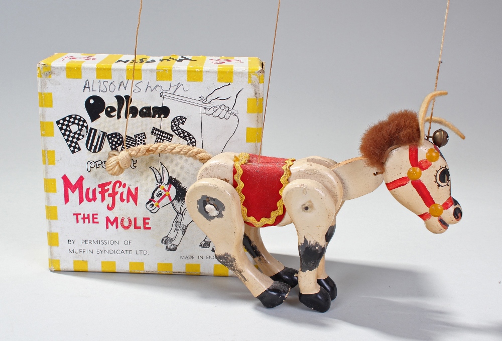 Muffin The Mule Pelham Puppet, the control bar stamped `Pelham Puppet`, in original box