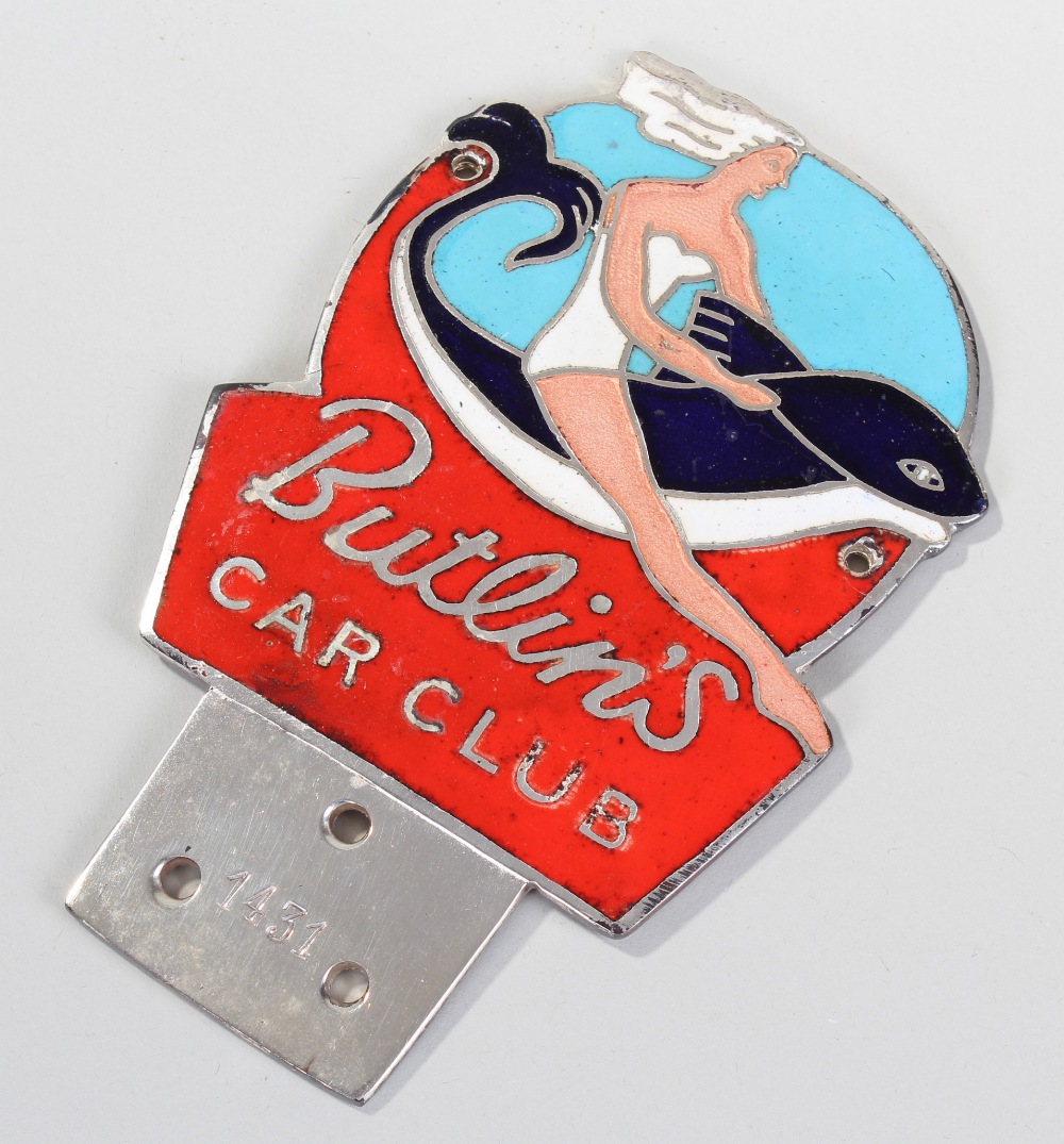 Butlins Car Club chrome badge, cast and painted as a girl riding a dolphin, 14cm high