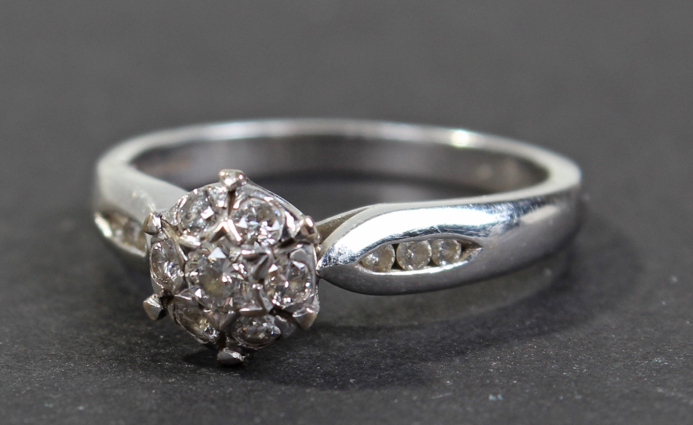 18 carat white gold and diamond cluster ring, the cluster set with central diamond, surrounded by