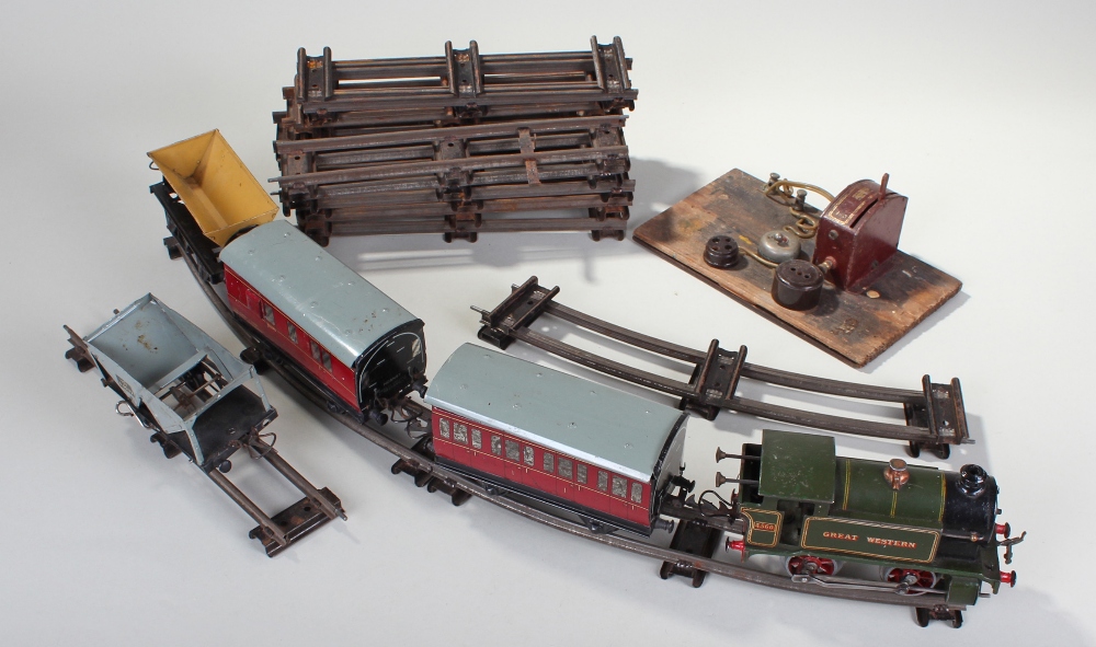 Quantity of tin plate Hornby O Gauge trains and railway, to include, Great Western locomotive,