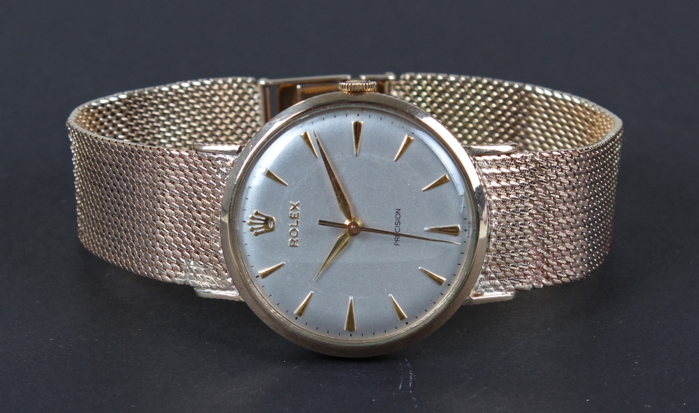 Rolex Precision 9 carat gold gentleman`s wristwatch, the silvered dial with gilt hour batons,