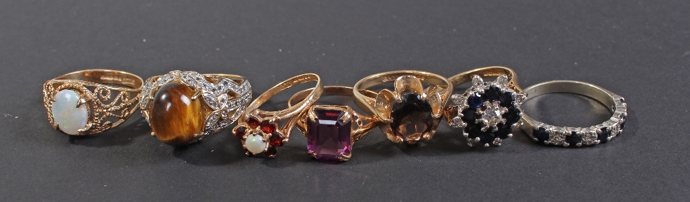 Seven 9 carat gold rings, set with various stones, total weight Approx 22.5g (7)