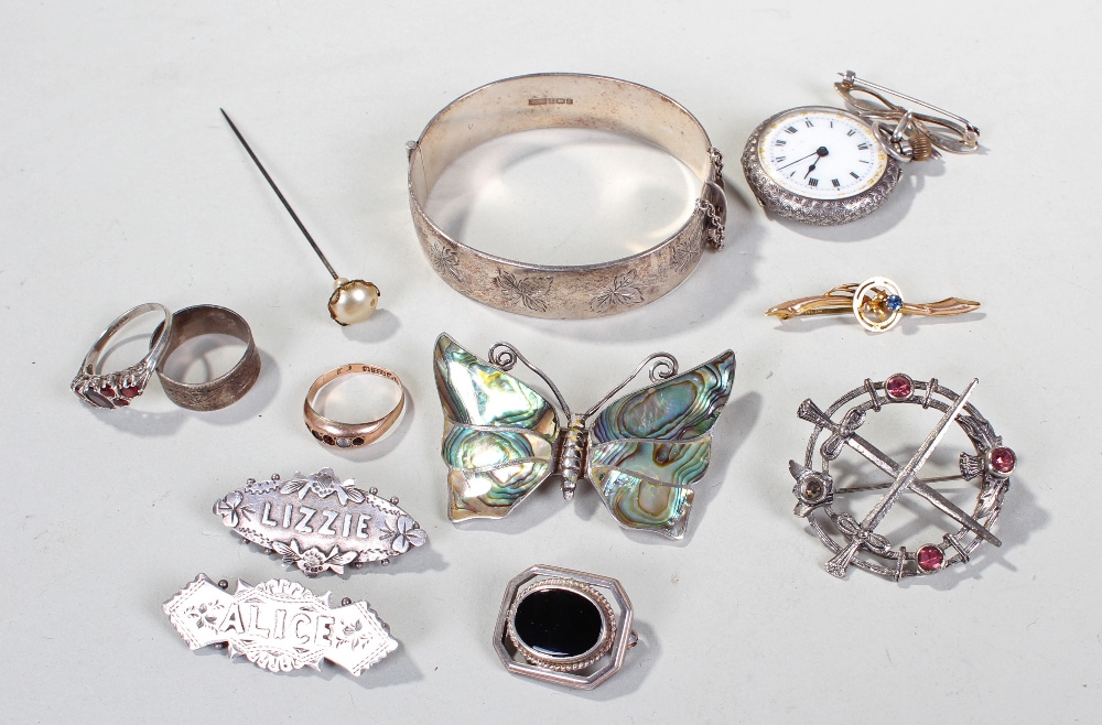 Mixed silver jewellery, to include, bangle with foliate engraving, silver open face fob watch,