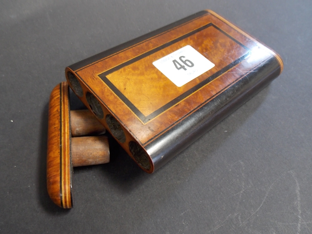 Burr wood, ebony and boxwood banded four section cigar case.