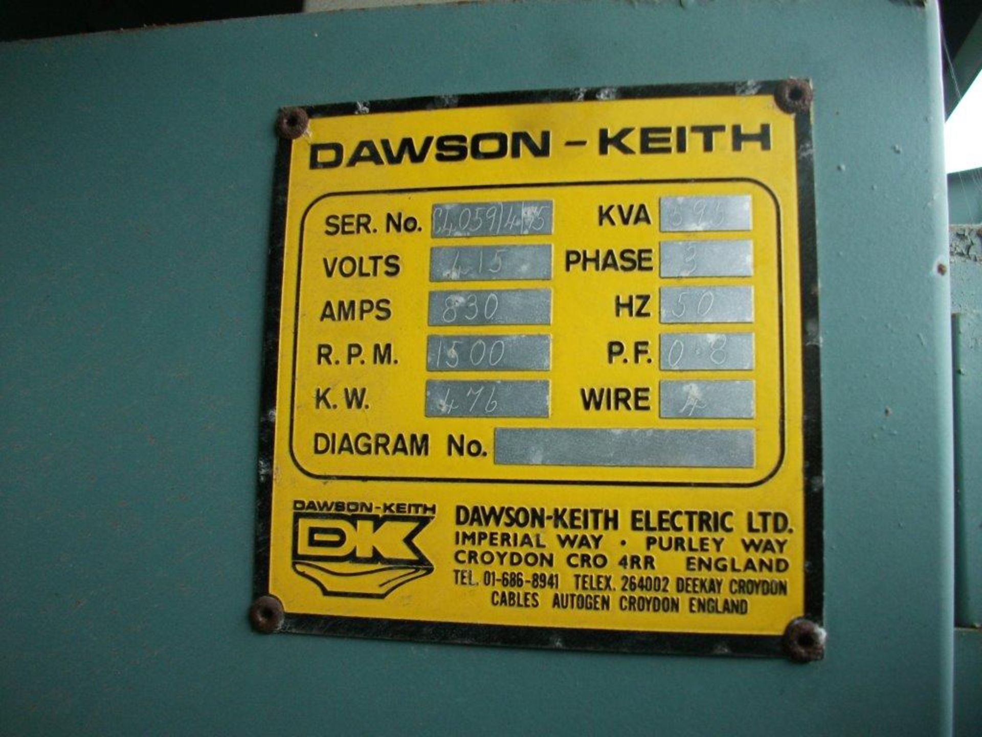 Dawson Keith 595 Kva 3 Phase Generator - S/n: C4059/4/15 - Hours: 339 S/n: C4059/4/15 Hours: 339 - Image 8 of 8