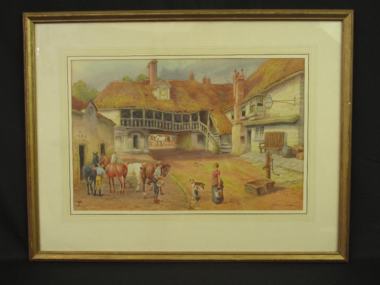 HENRY HAMMOND ( BRITISH, 1914-1989), English Coaching Inn with Horses and Figures, signed,