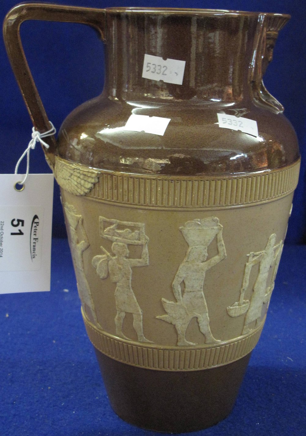 Early 20th Century Royal Doulton style Egyptian design tapering cylinder jug with loop handle and