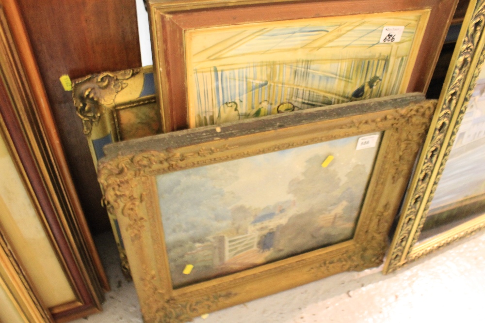 Assorted furnishing pictures to include watercolour figures at a farm gateway, print after Dufy,