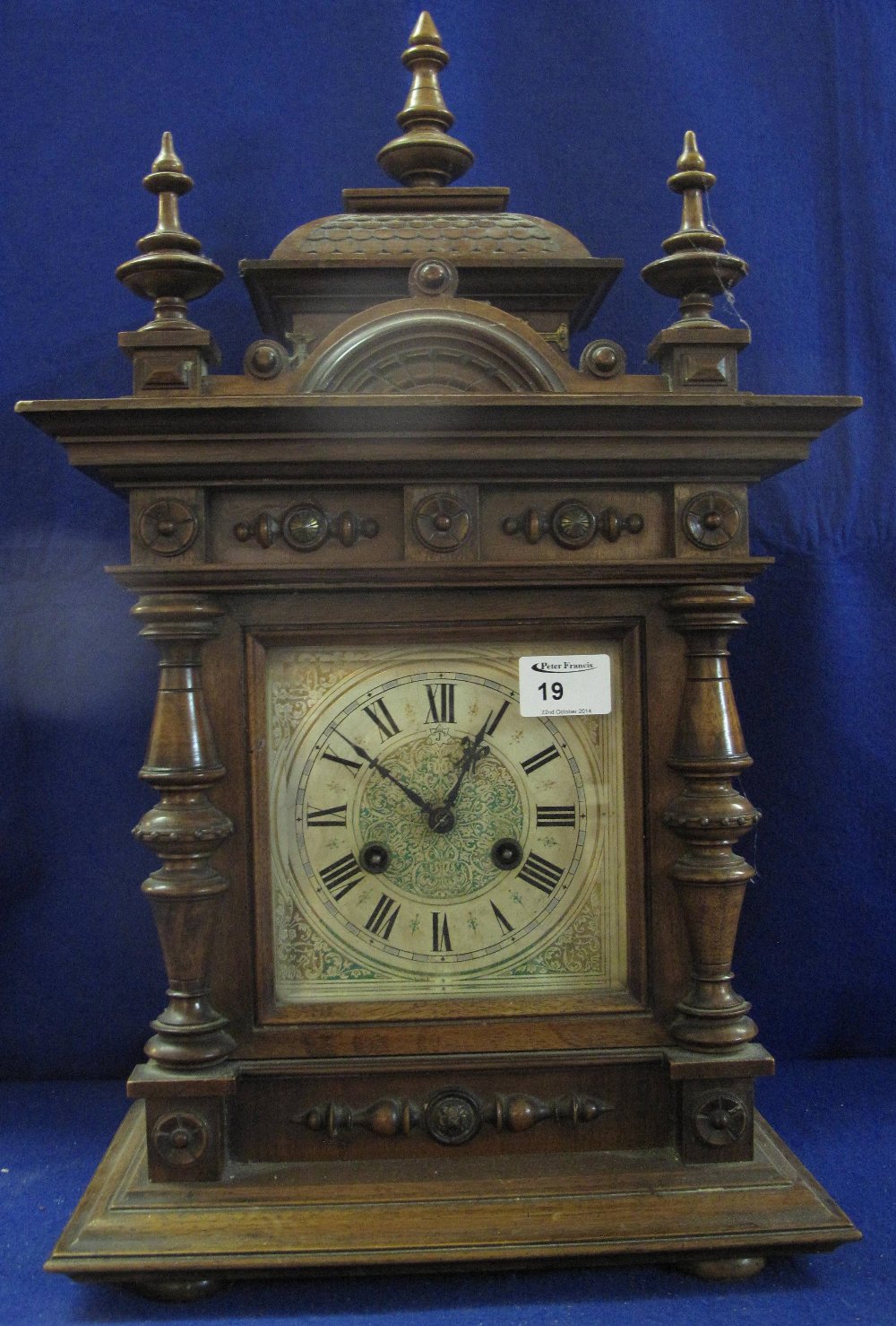 Early 20th Century German mahogany cased two train architectural mantle clock with printed paper