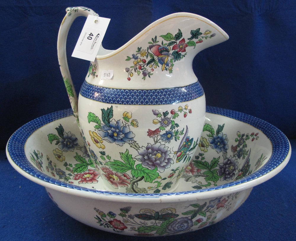 Copeland Spode pottery jug and basin set having helmet shaped jug and averted rim bowl. Overall