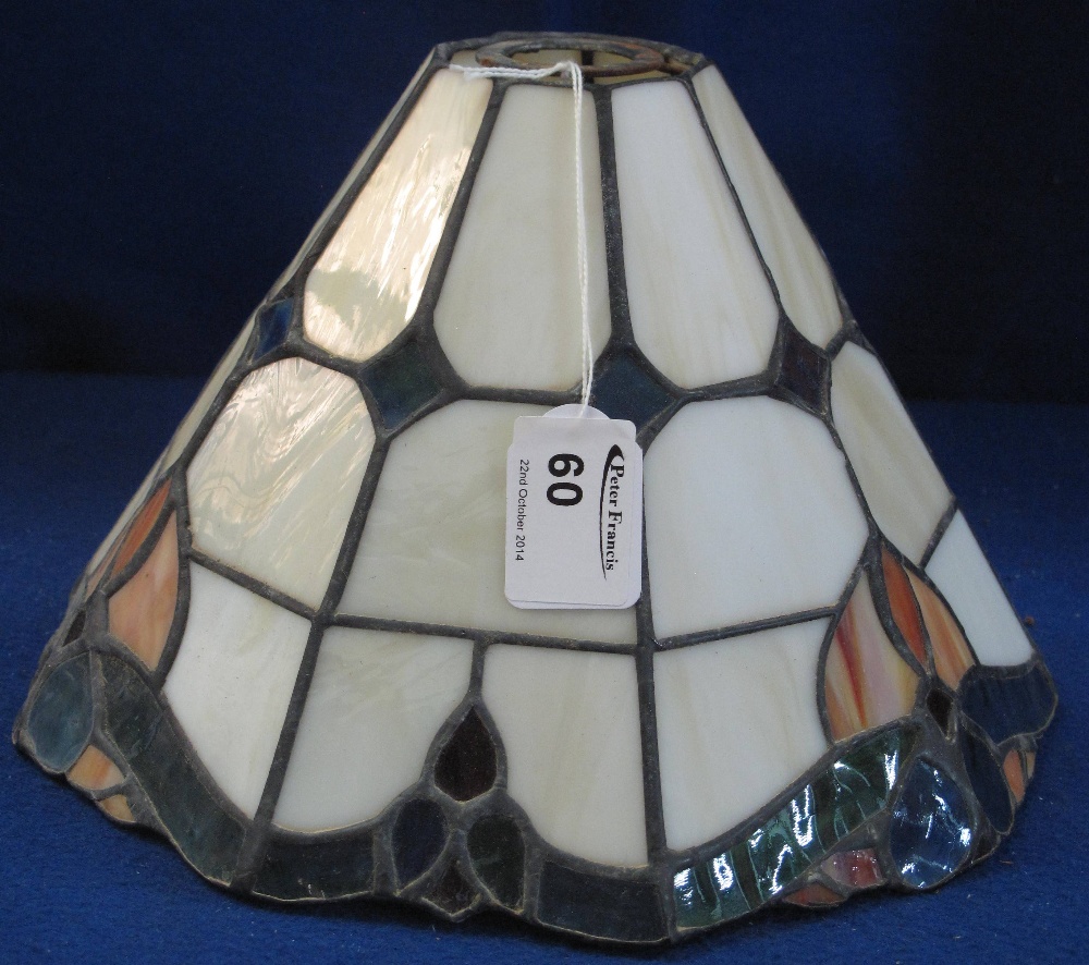 Tiffany style conical shaped leaded glass lamp shade.    CONDITION REPORT;  Tarnishing to metalware,