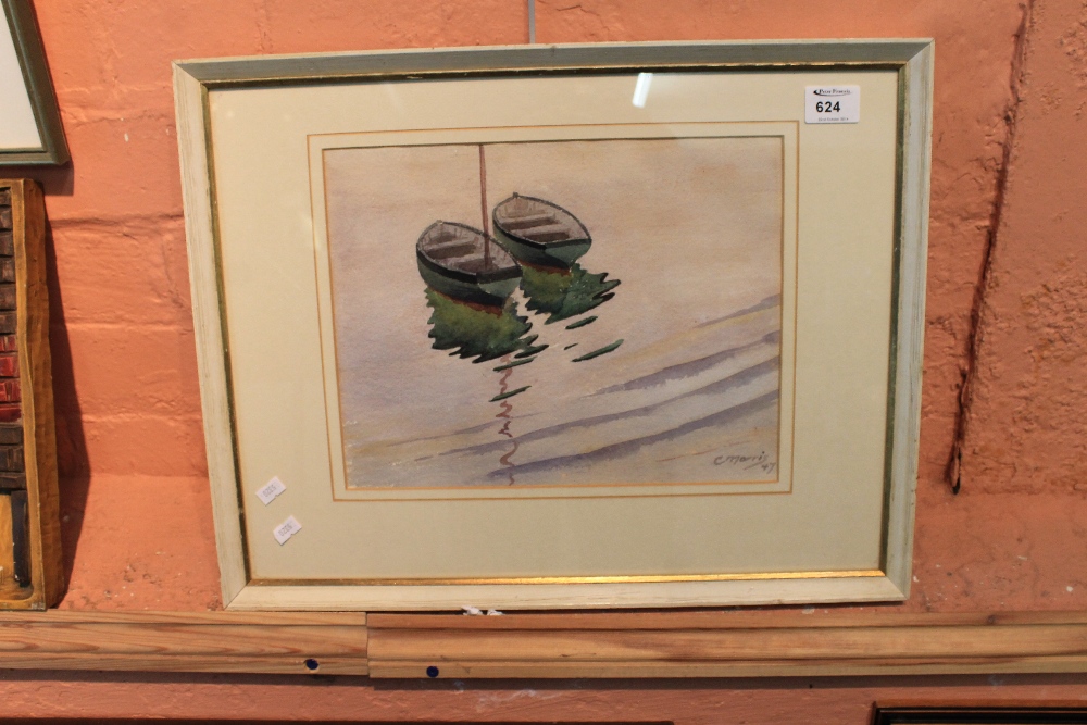 C. Morris, two moored rowing boats, watercolours, signed and dated 47. Framed and glazed.