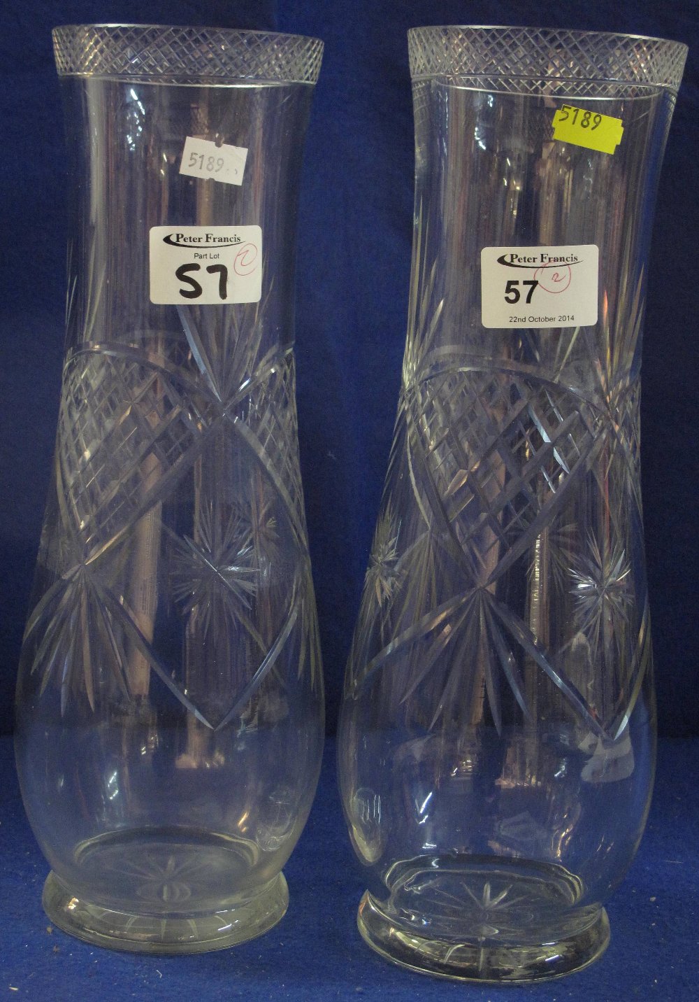 Pair of similar cut glass baluster shaped vases with fan and star duck decoration. (2)