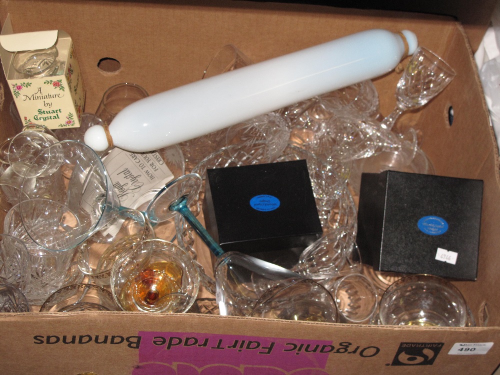 Box of assorted glass ware to include opaline glass rolling pin, Warwick whiskey tumblers in