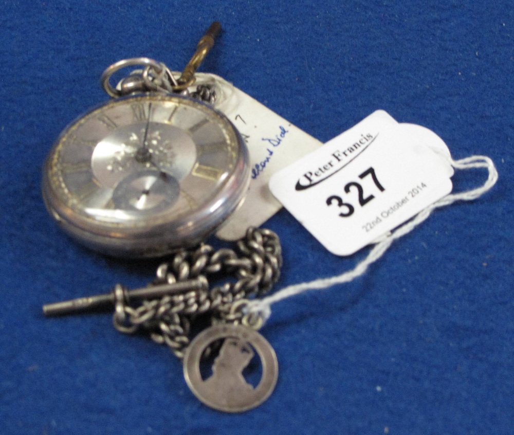 Gentleman's silver pocket watch. London 1861 together with silver t-bar chain and Edward VII