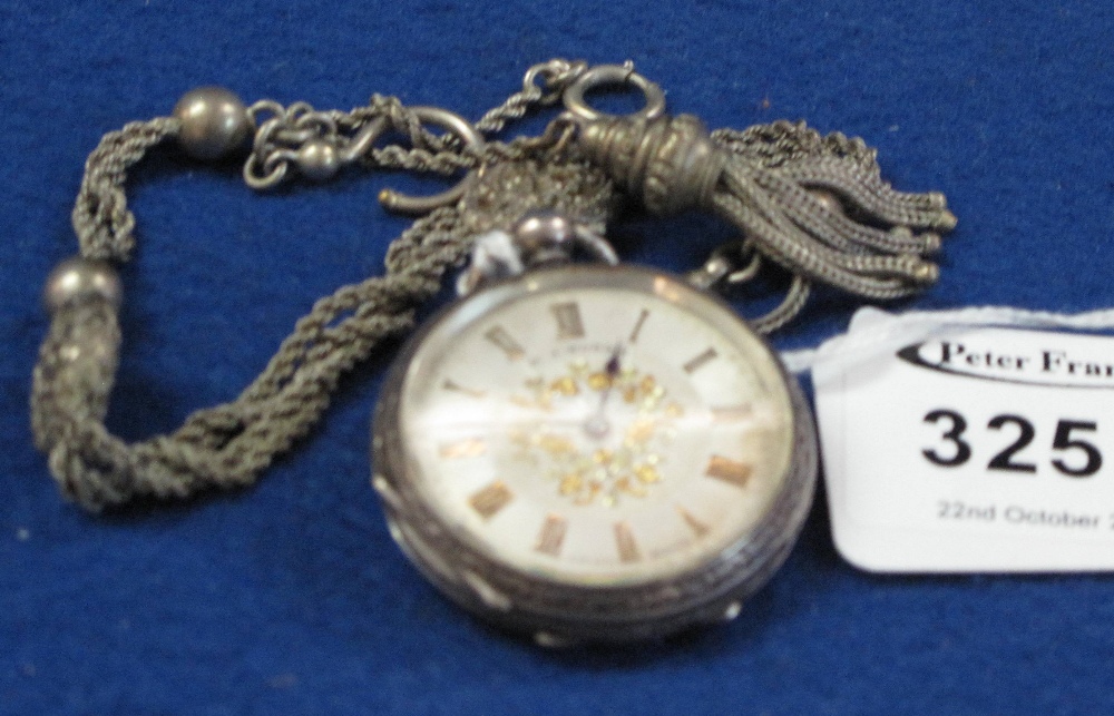 Ladies silver engraved fancy fob watch. Swiss made, marked H. J. Norris, stamped 935. Together