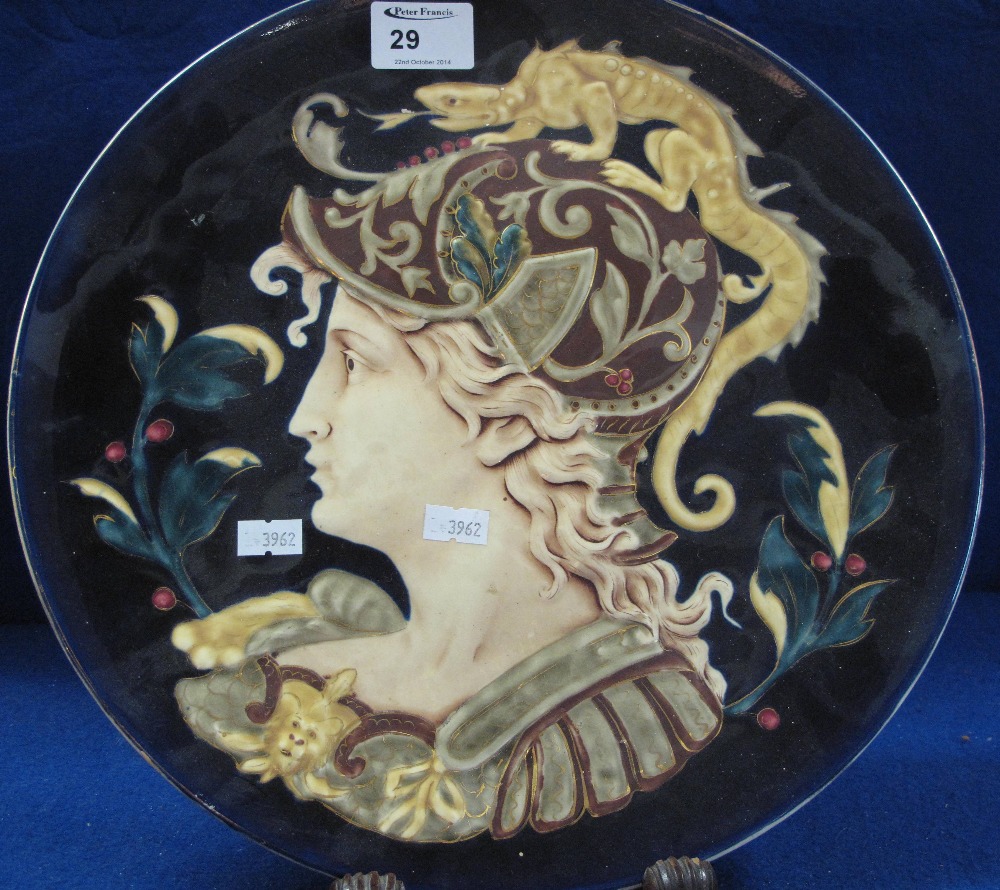 Early 20th Century Austrian pottery cabinet plate decorated with Greek goddess figure. Impressed