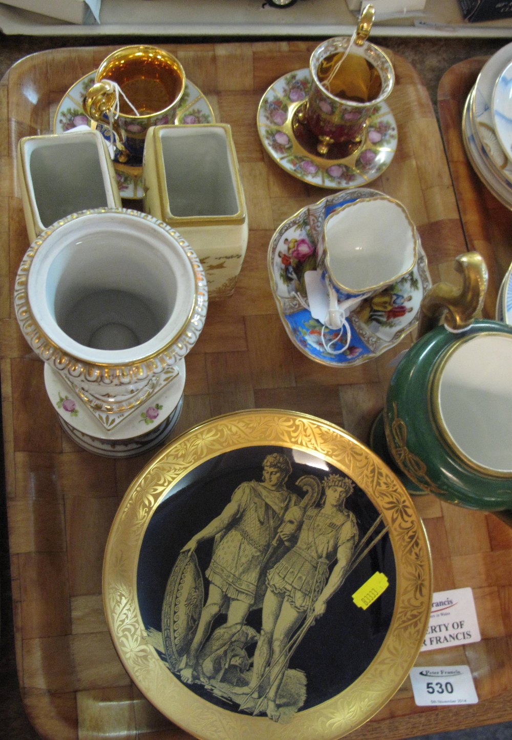 Tray of various continental china and porcelain to include gilt foliate and figural cabinet cups and