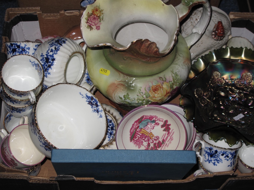Tray of assorted china and glass to include; china part tea ware overall decorated on a white ground