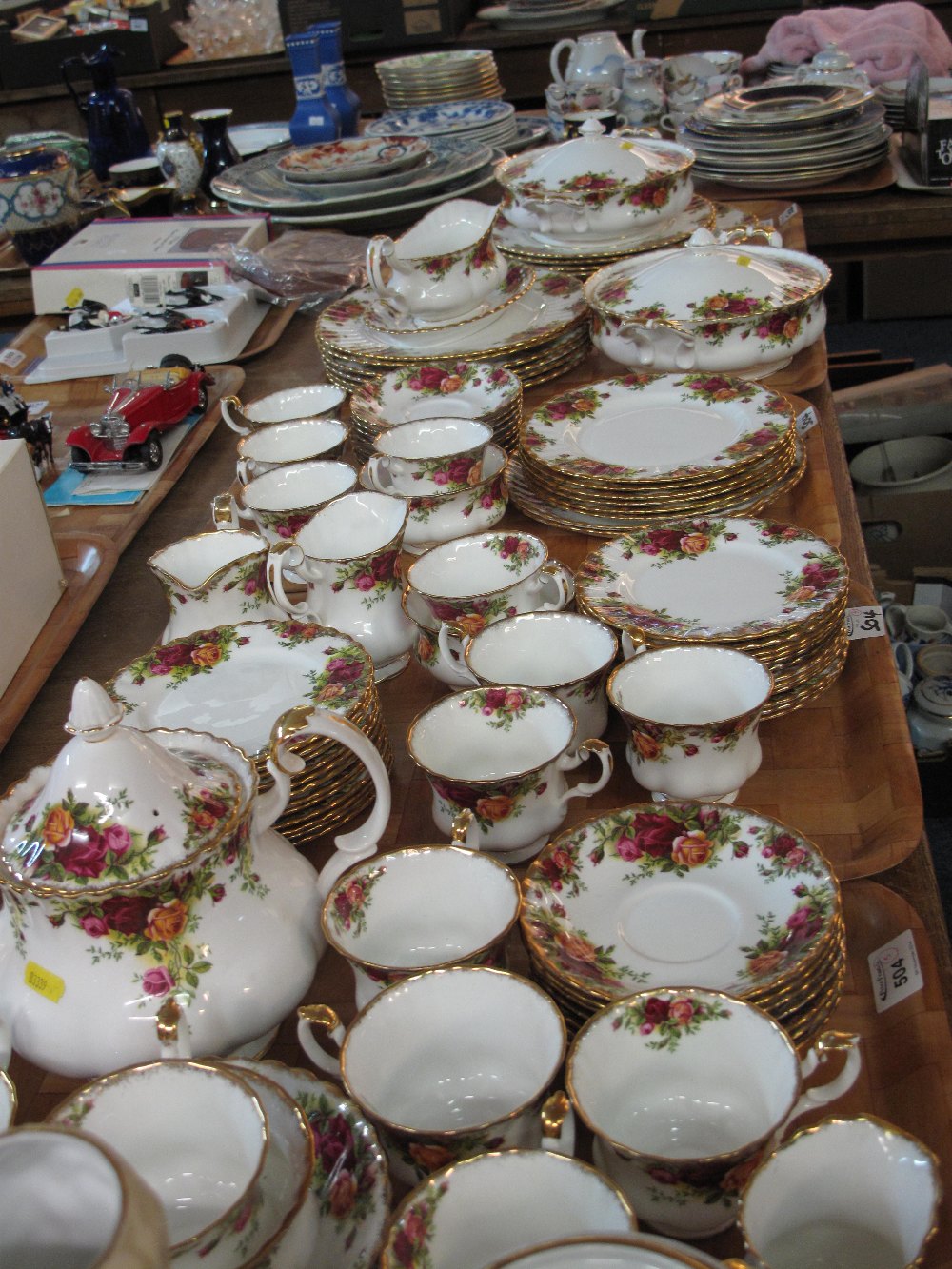 Five trays of Royal Albert old country roses bone china part tea and dinnerware items comprising