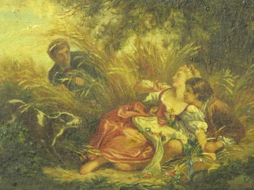 AFTER FRANCOIS BOUCHER, Amorous Couple Interrupted In A Cornfield, bears signature, oils on board.