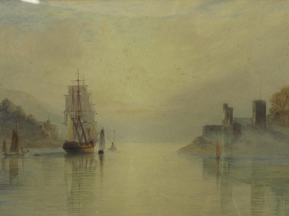 ARTHUR HENRY ENOCH ( BRITISH, BORN 1800), Estuary Scene at Sunset with Square Rigger, Steam Tug