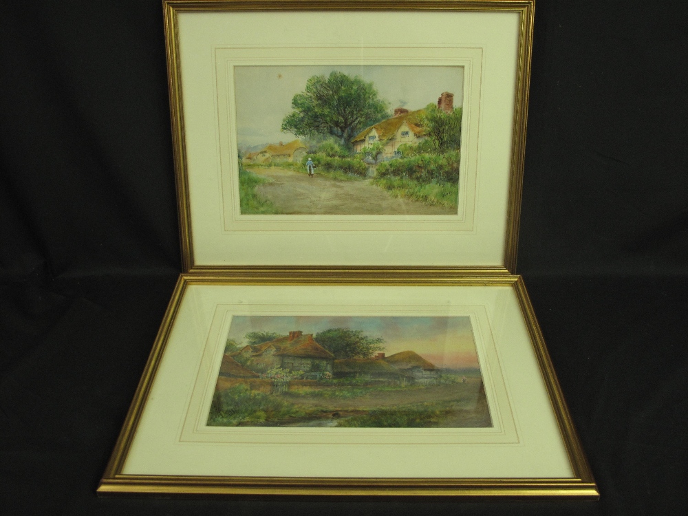 H. DAY ( BRITISH, EARLY 20TH CENTURY), English Thatched Cottages, a pair, one at Sunset, signed,