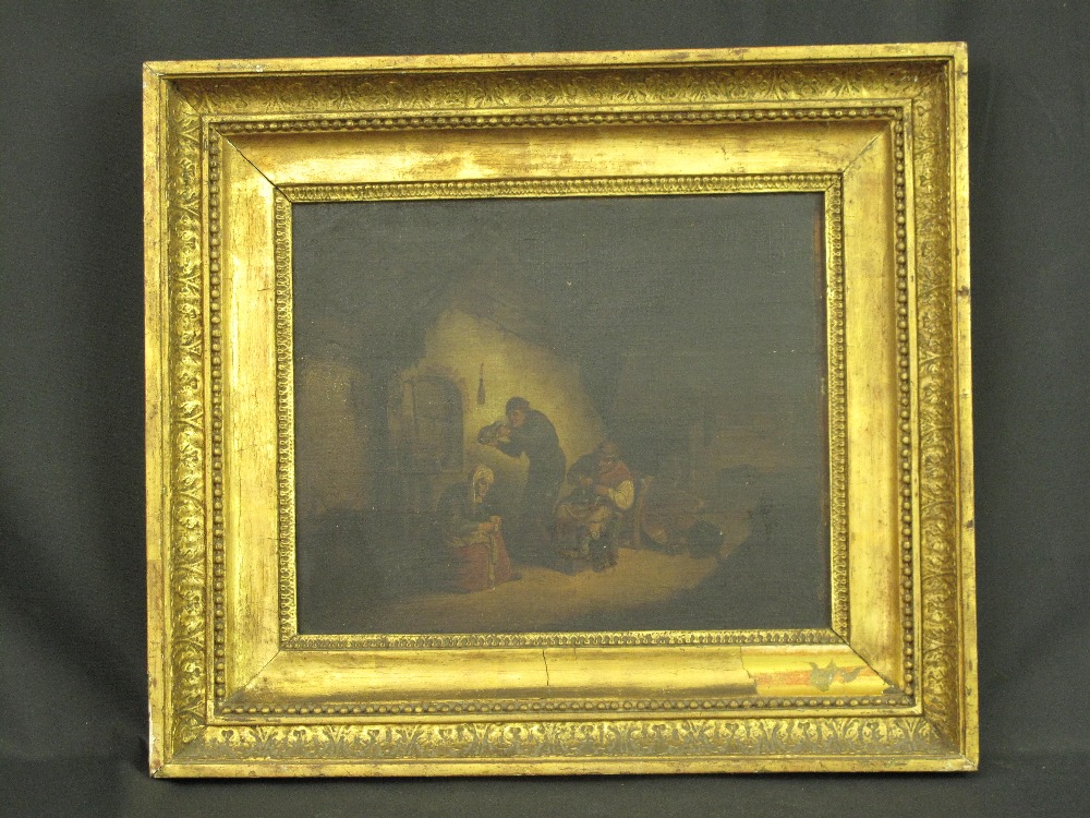 DUTCH SCHOOL ( 18TH CENTURY), Three Figures Working in an Interior, one drinking from flagon, oils