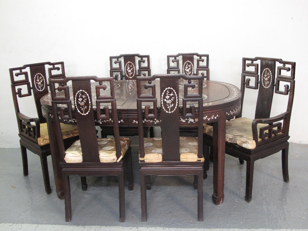 ORIENTAL CHINESE STYLE HARDWOOD DINING ROOM SUITE, comprising "D" ended extending dining table