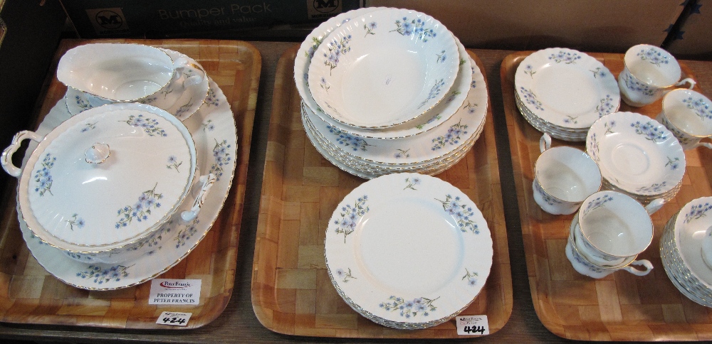 Three trays of Richmond bone china blue rock design part tea and dinner ware items comprising