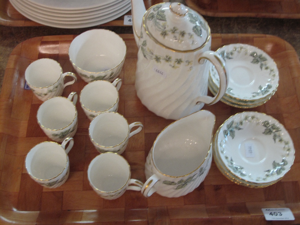 Tray of Minton bone china Greenwich design tea set comprising six cups and saucers, teapot, milk jug