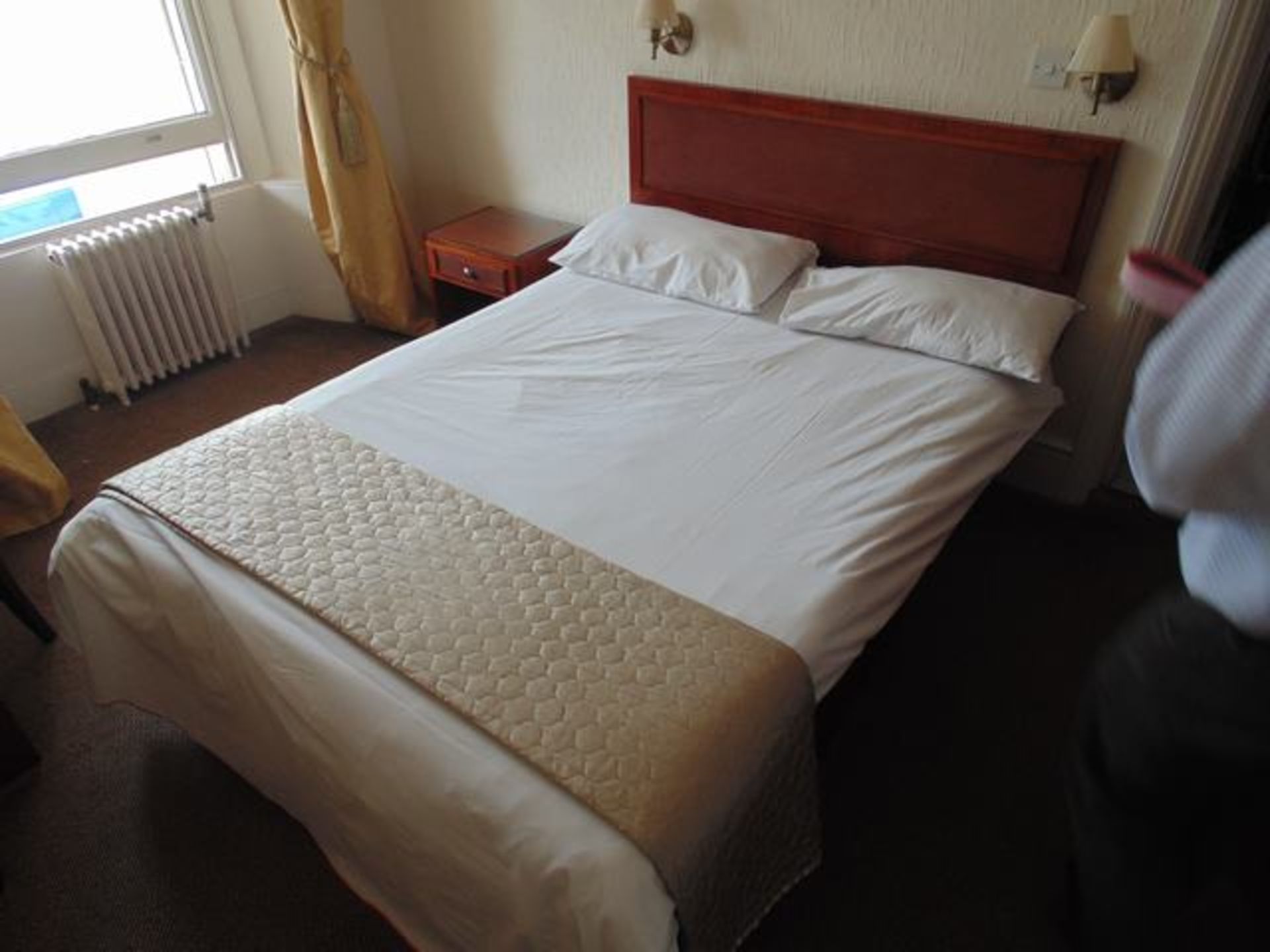 Contents of Room 11 comprising of double,  desk and side chair, luggage stand, 3 x brass wall