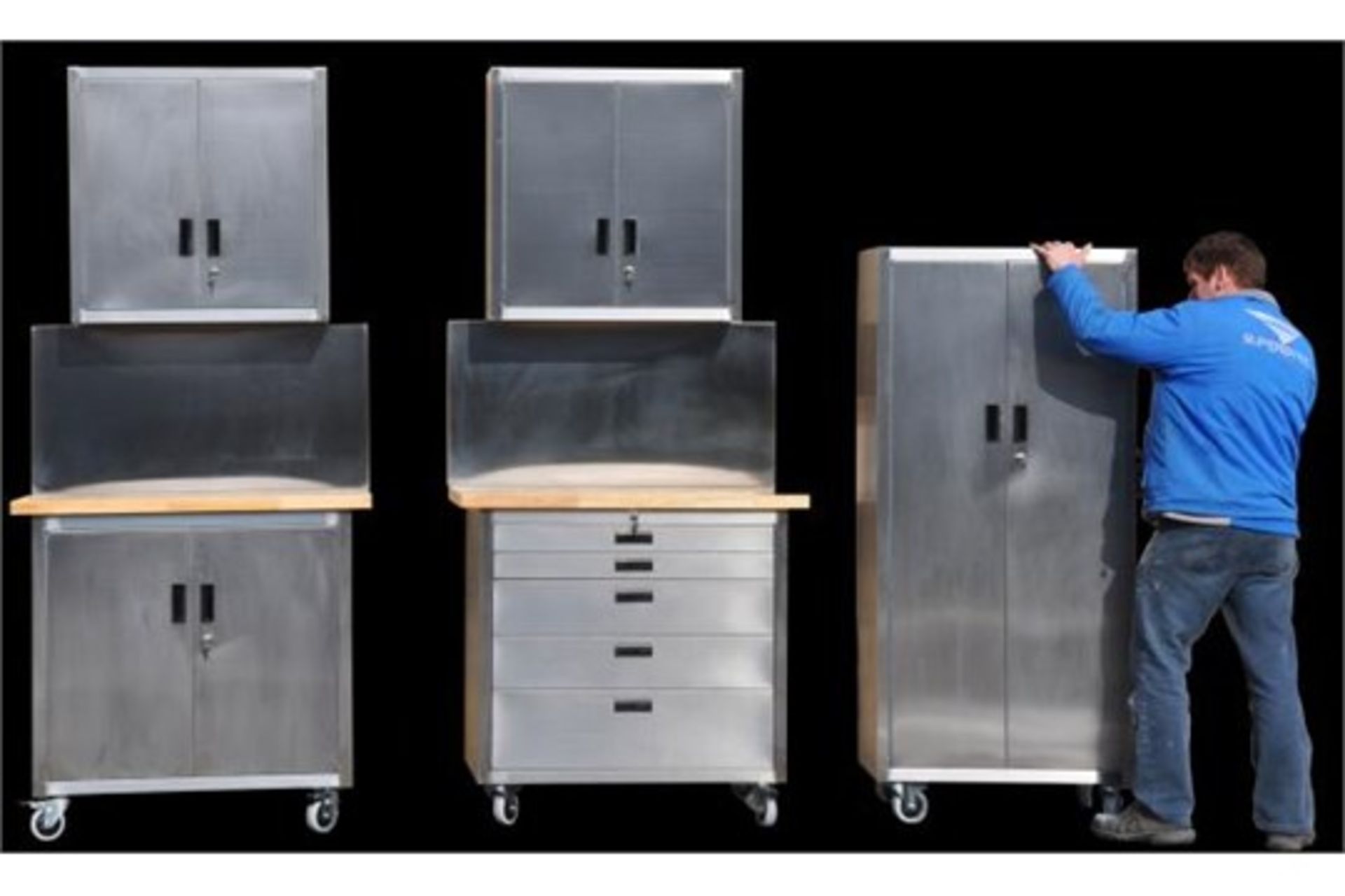 Complete stainless steel workshop storage set includes 2 x roll cabinets with solid wood worktops