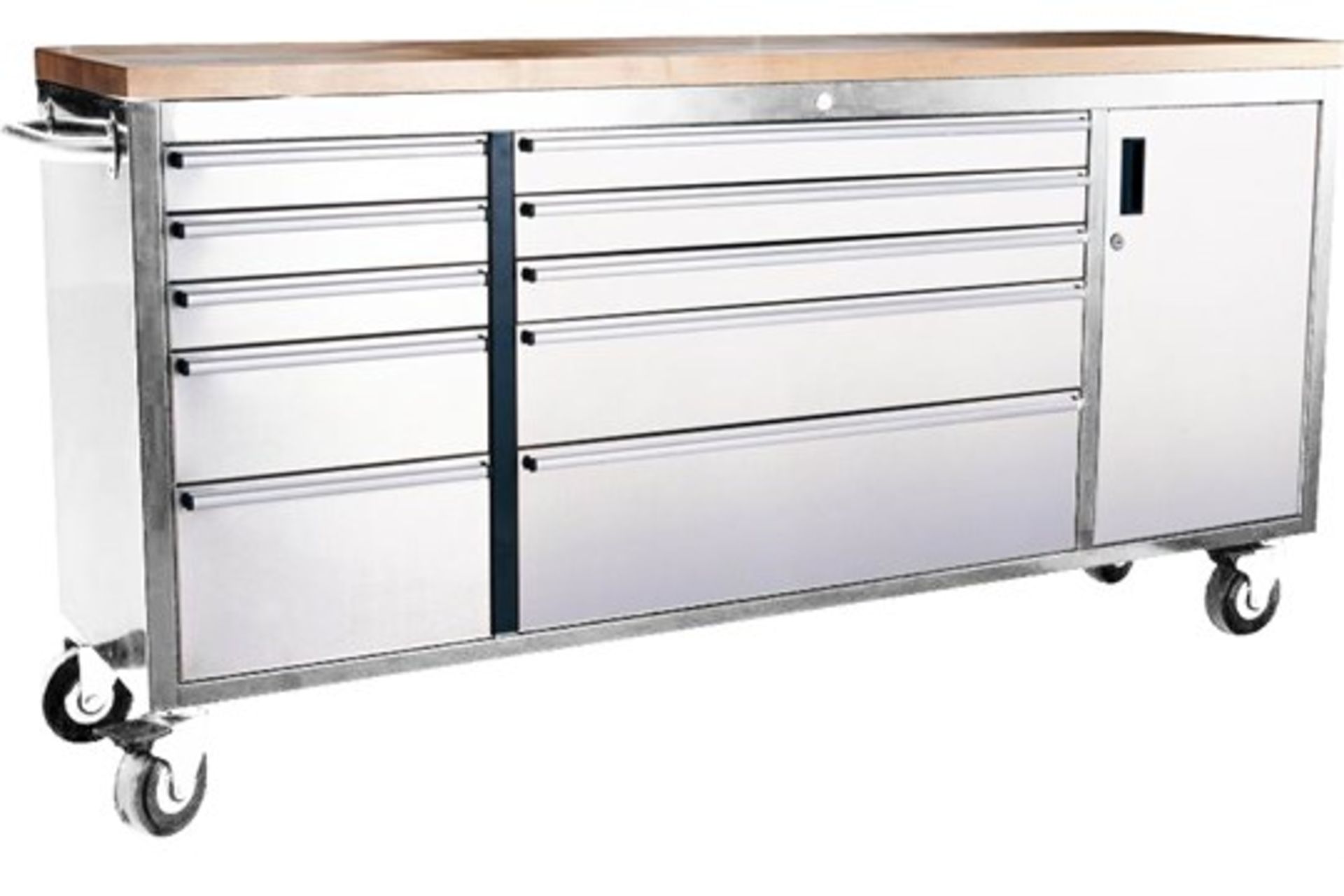 72" wide professional stainless steel roller tool cabinet  10 snap lock drawer s solid treated oak