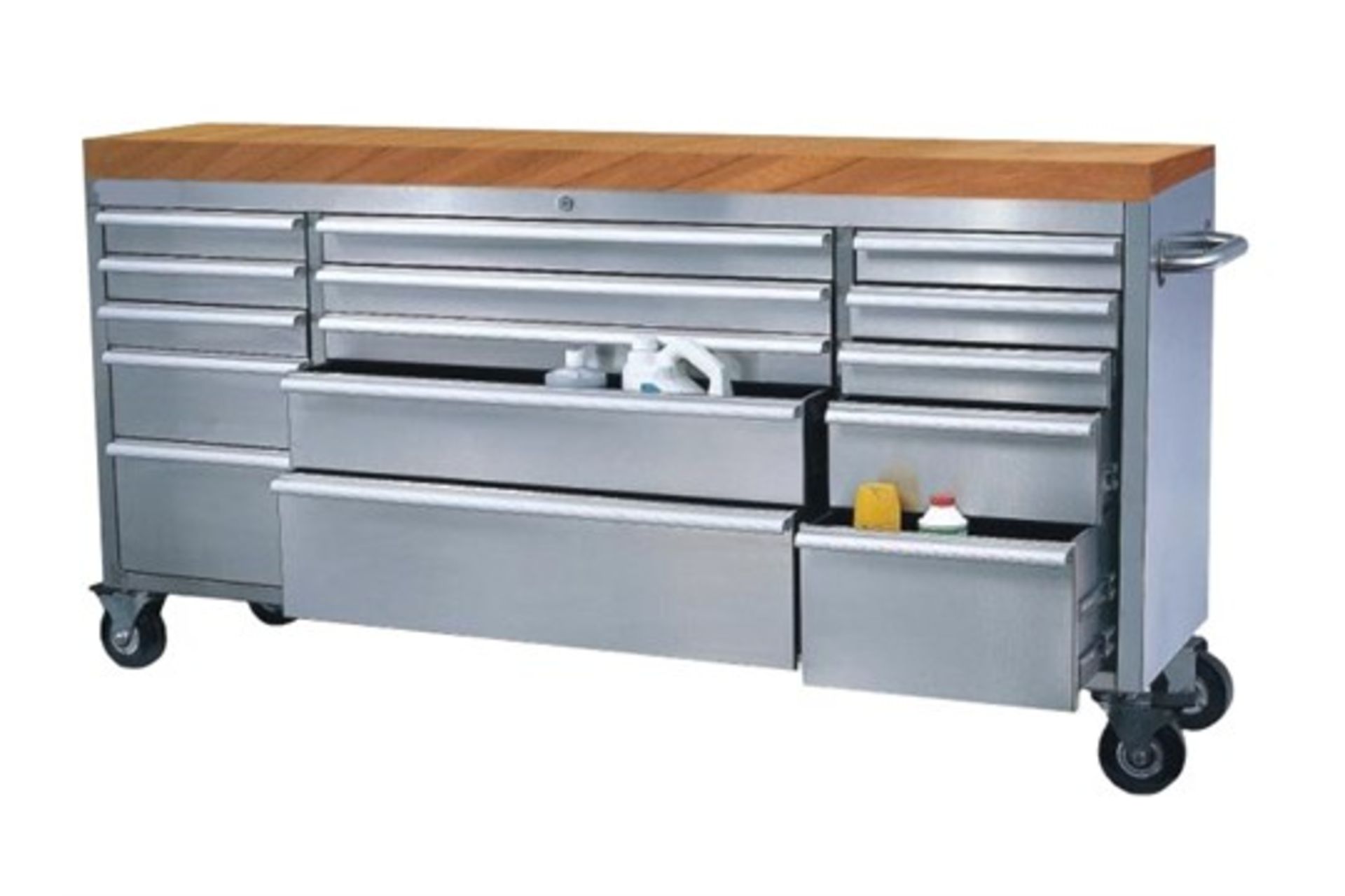 72" wide professional stainless steel roller tool cabinet 15 snap lock drawers solid treated oak