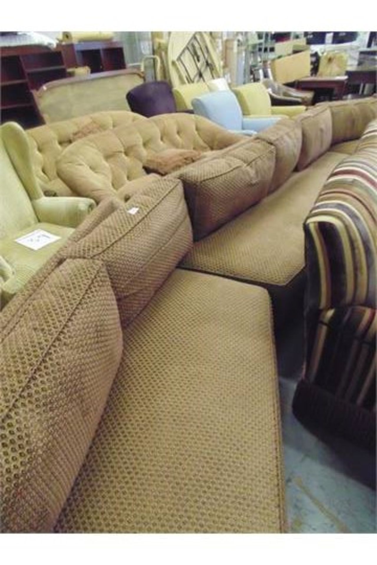 A three section large upholstered corner settee textured woven upholstered  on solid wooden frame