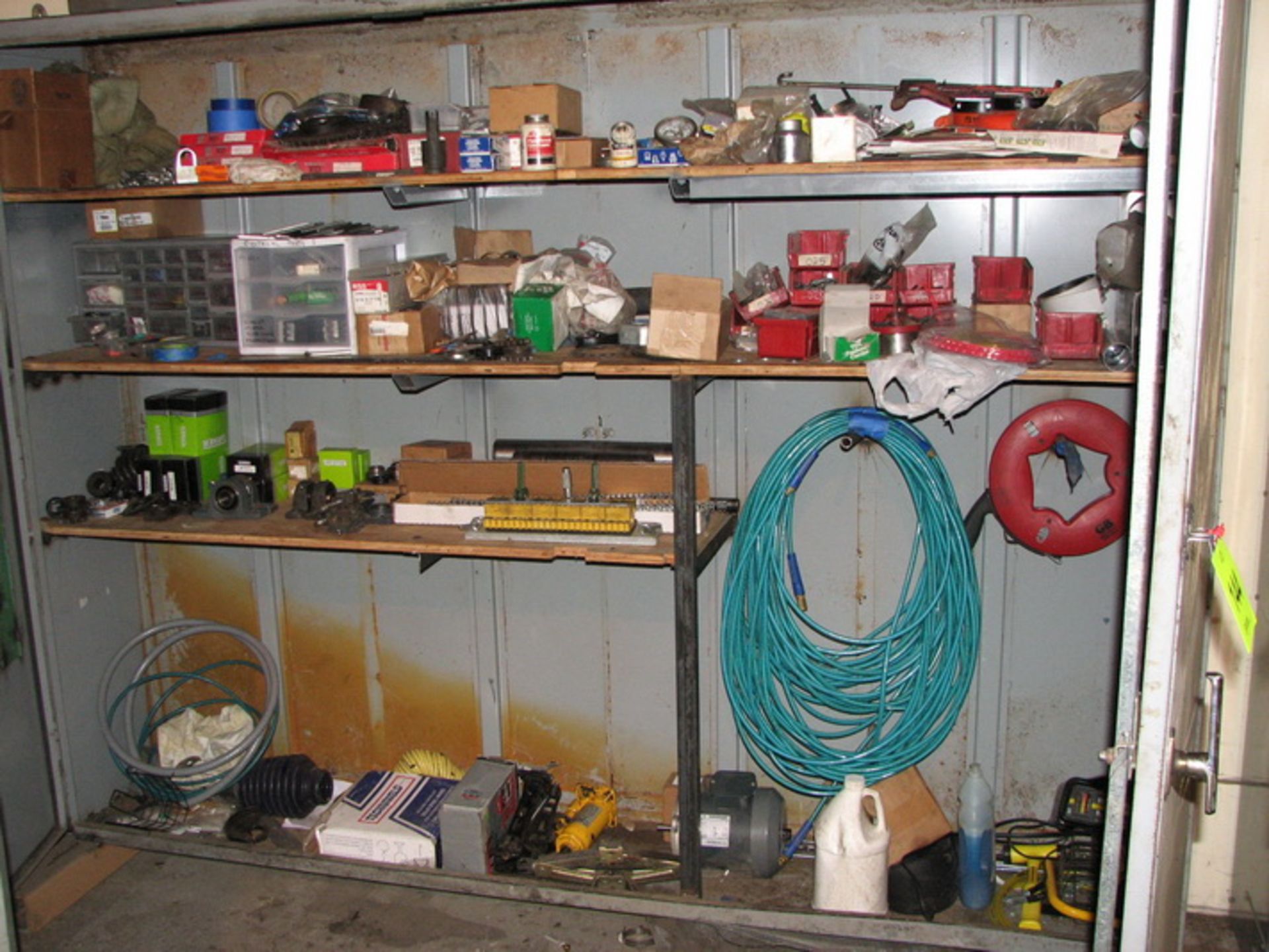 [Lot] (5) Storage cabinets with miscellaneous parts, electrical sprockets, motor, shims