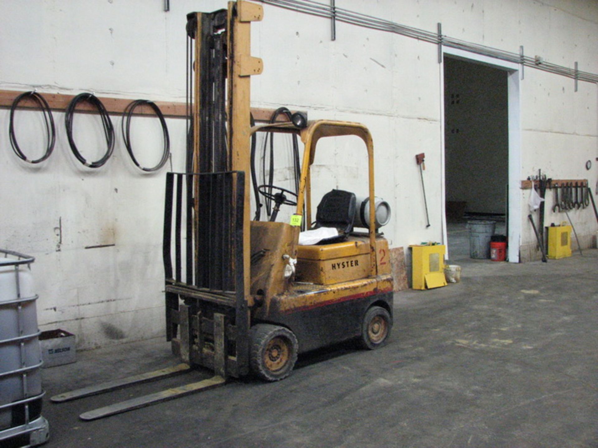 Hyster forklift, model C20-15045T, LPG, solid tire, 10' mast, 200"H max., side shift, 5,000 lb.