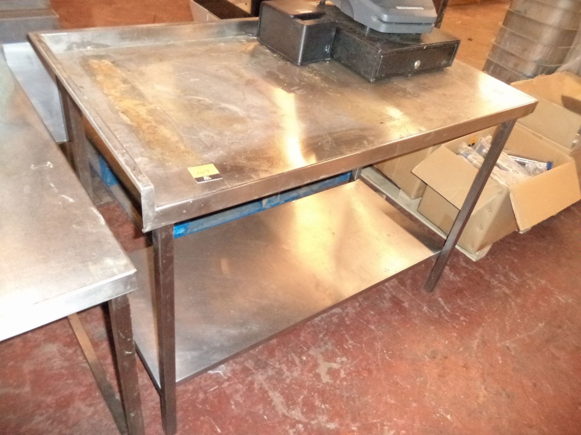Stainless steel twin tier table with splash backs on 2 sides, circa 1.2m wide x circa 6.75cm - Image 2 of 2