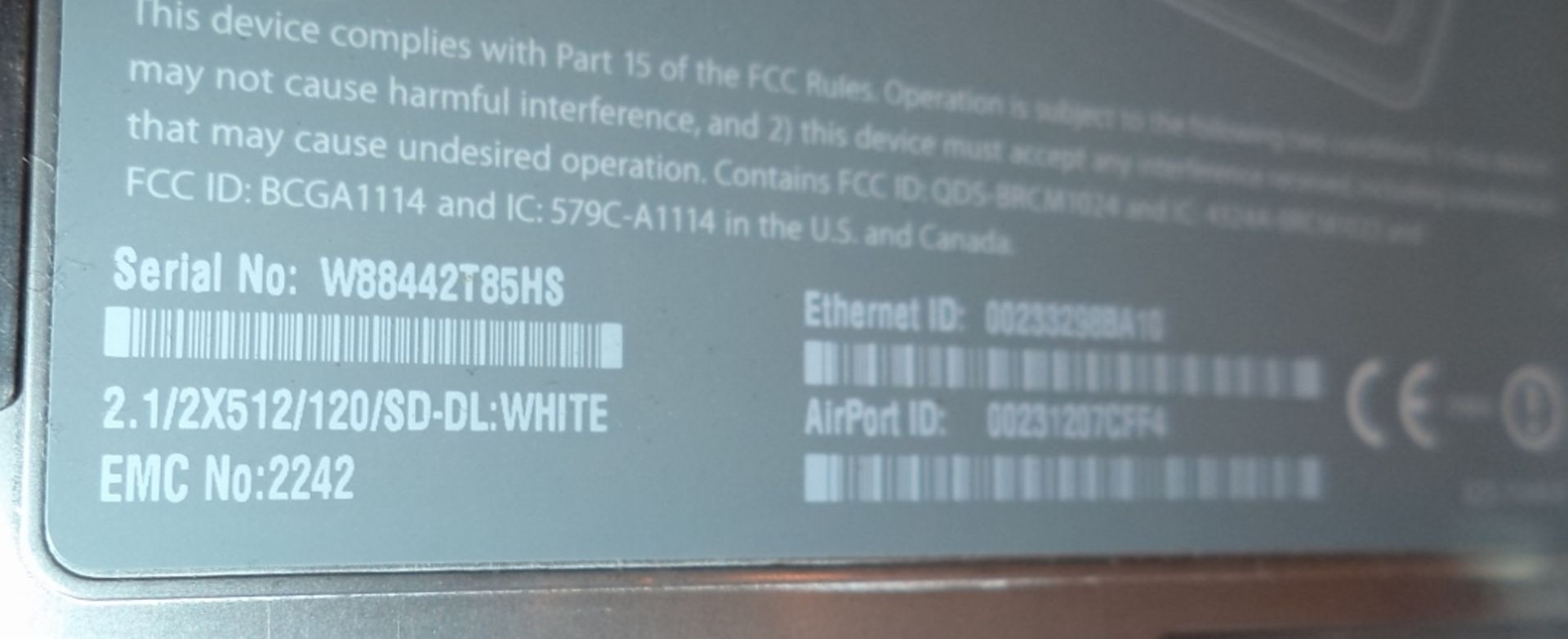 Apple Macbook (2.1/2x512/120/SD-DL white) notebook computer model A1181, serial no. W88442T85HS. - Image 3 of 4