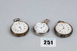 Fob watches - two bright cut lady`s silver encased fob watches and a small plain silver encased fob