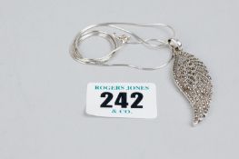 A fine profile silver snake chain with marcasite `feather` pendant, total 9.2 grms