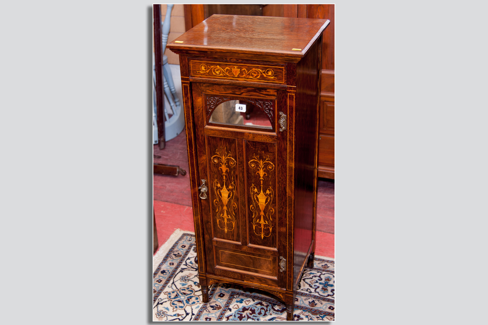 An Edwardian rosewood side cabinet - a single door cabinet decorated to the front with numerous