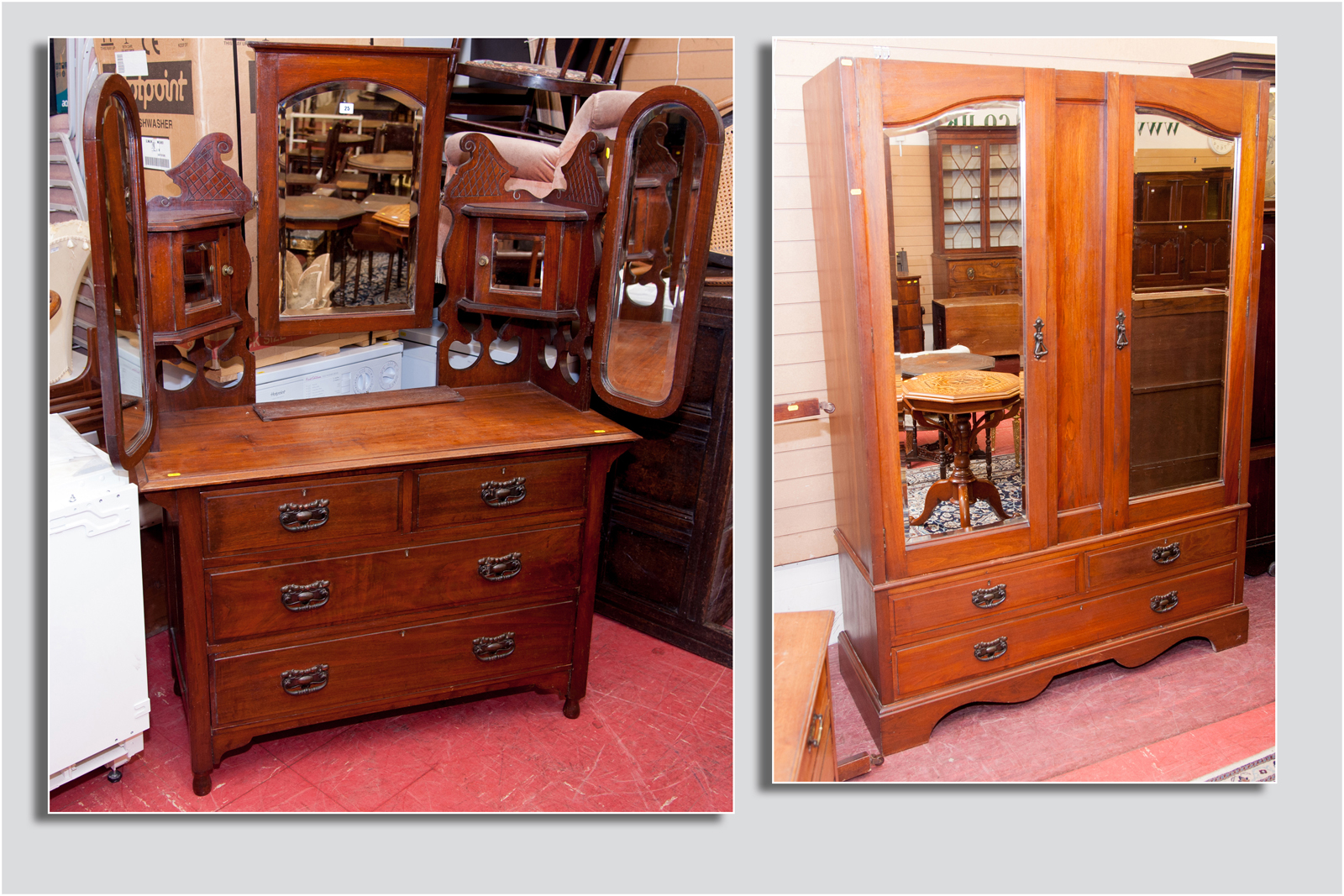 An Edwardian mahogany wardrobe with double mirrored doors and a three drawer base and a matching